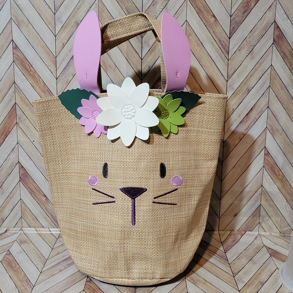New B&BW Jute Tan Embroidered Floral Bunny With Ears Tote Bag